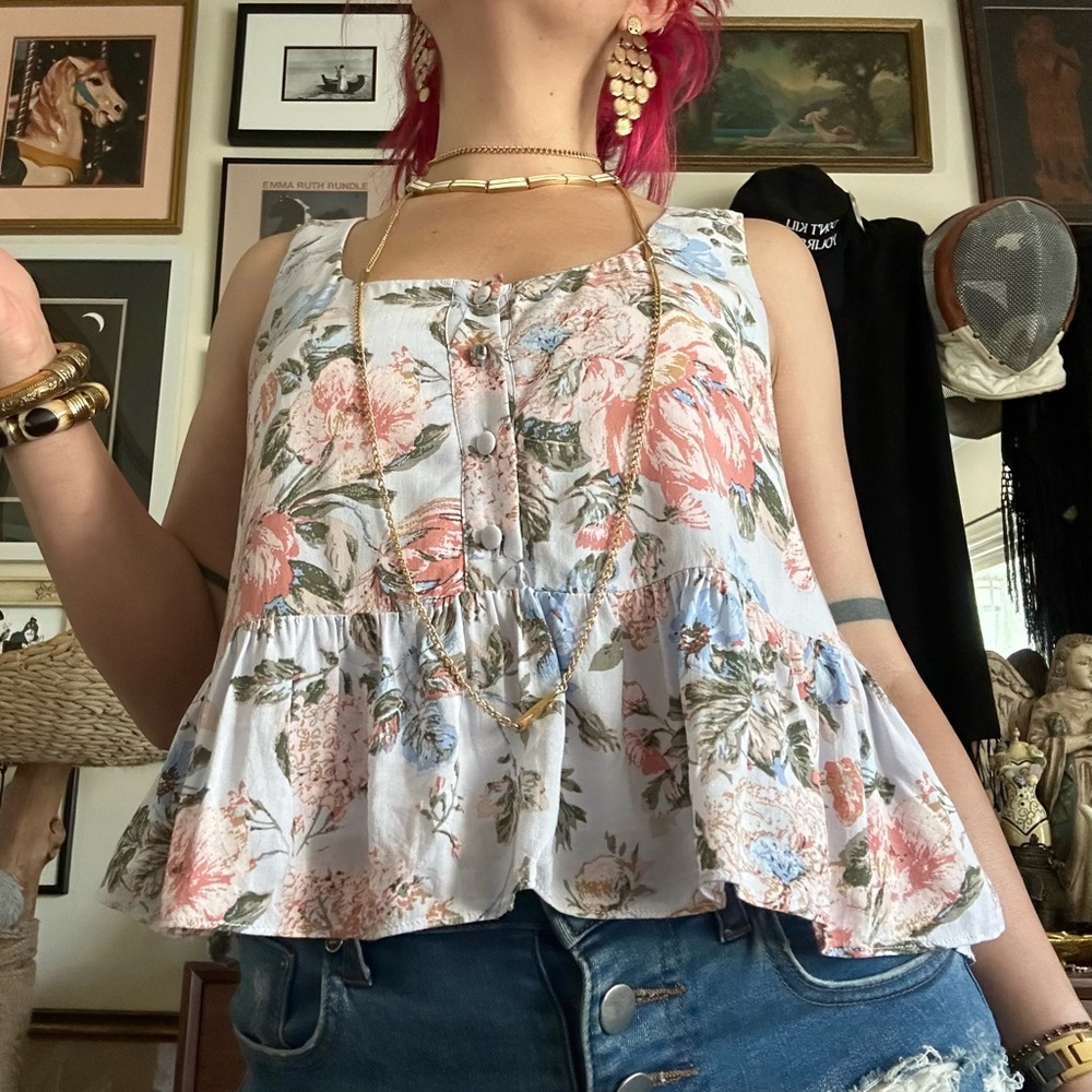 romantic colors feminine floral rayon babydoll tank top / size small